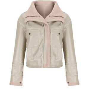 Sherpa Lined Motorcycle Jacket Women's Size L/10 Faux Leather Beige Pockets New